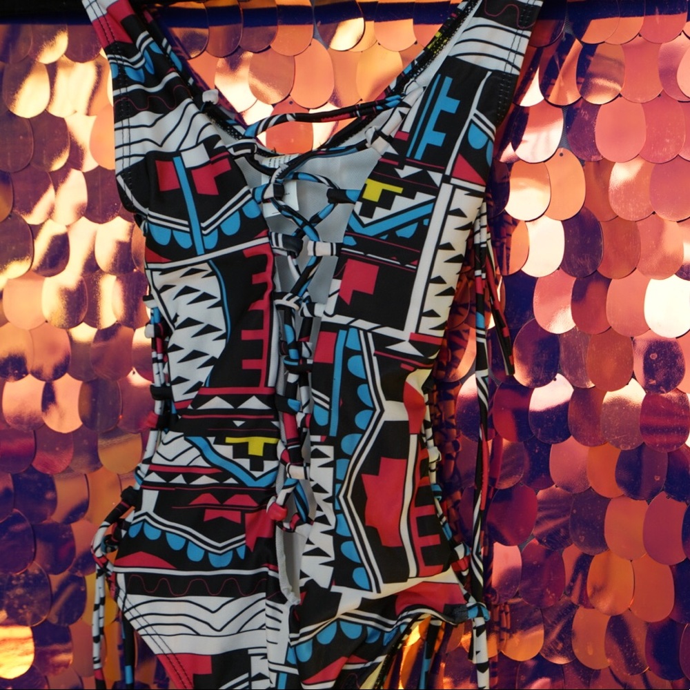 Multi colored one piece bathing suit